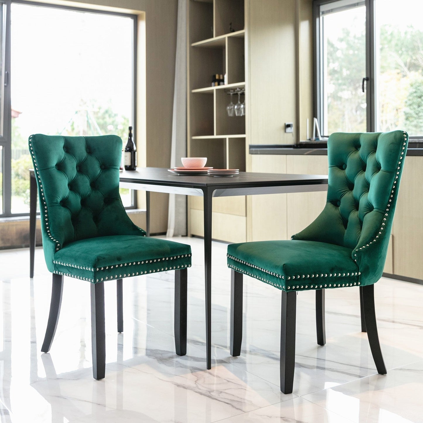 High-end Contemporary Tufted Solid Wood Velvet Upholstered Dining Chair with Wood Legs and Nailhead Trim, 2 pcs Set