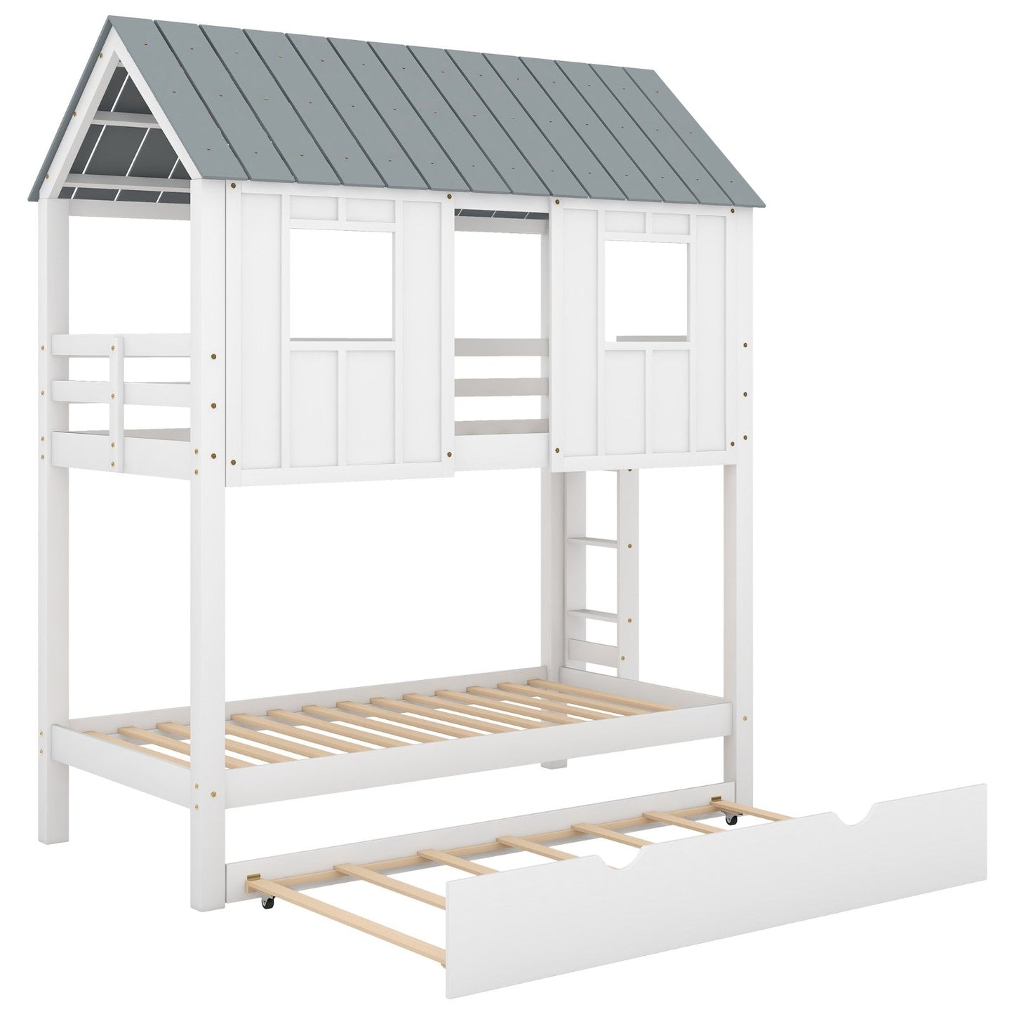 House Bunk Bed with Trundle, Roof, and Windows