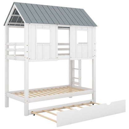 House Bunk Bed with Trundle, Roof, and Windows