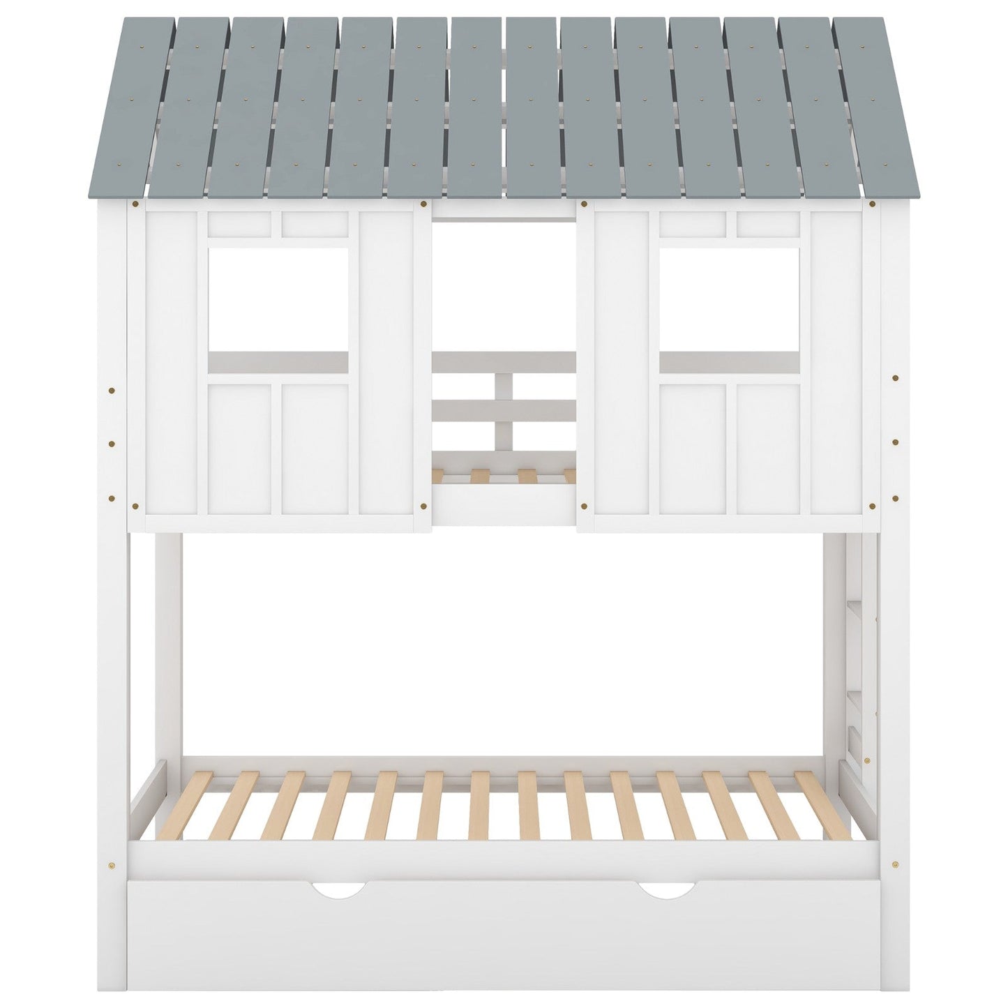 House Bunk Bed with Trundle, Roof, and Windows