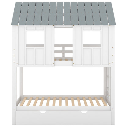 House Bunk Bed with Trundle, Roof, and Windows