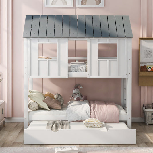 House Bunk Bed with Trundle, Roof, and Windows