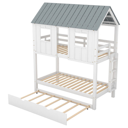House Bunk Bed with Trundle, Roof, and Windows