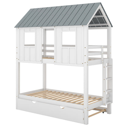 House Bunk Bed with Trundle, Roof, and Windows