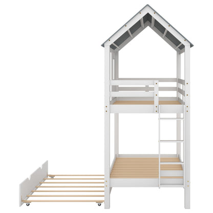 House Bunk Bed with Trundle, Roof, and Windows
