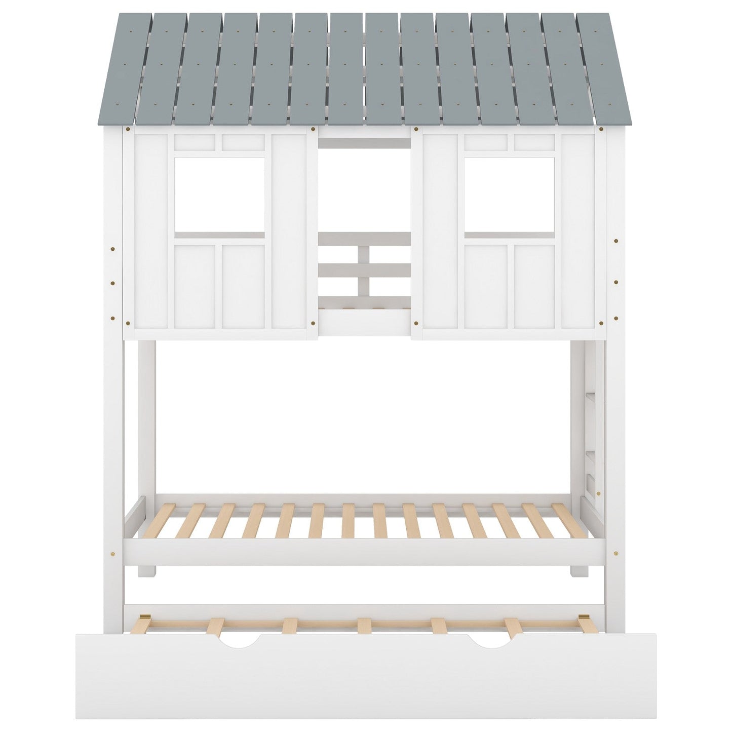 House Bunk Bed with Trundle, Roof, and Windows