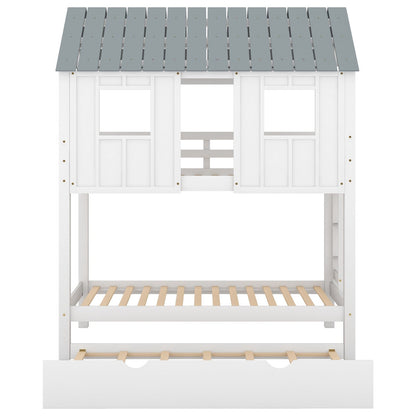 House Bunk Bed with Trundle, Roof, and Windows