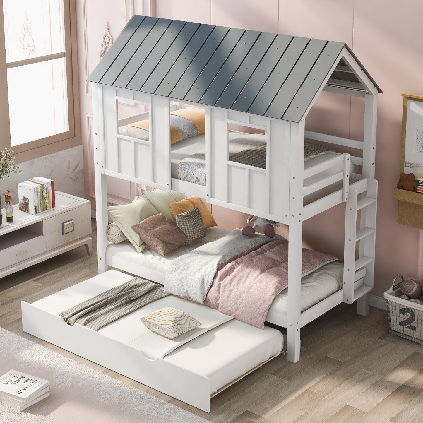 House Bunk Bed with Trundle, Roof, and Windows