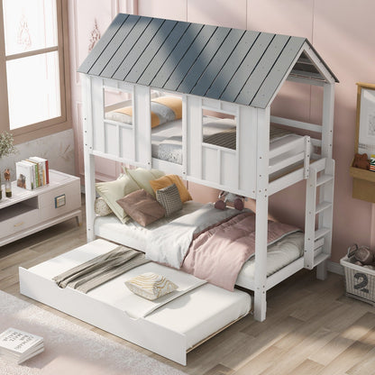 House Bunk Bed with Trundle, Roof, and Windows