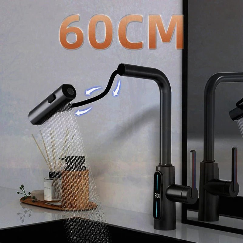 Intelligent Digital Display Faucet Pull-out Basin Faucet - 3 in 1 360° Swiveling Waterfall Kitchen Tap