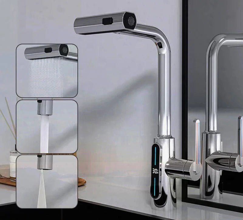 Intelligent Digital Display Faucet Pull - out Basin Faucet - 3 in 1 360° Swiveling Waterfall Kitchen Tap - Gear Elevation