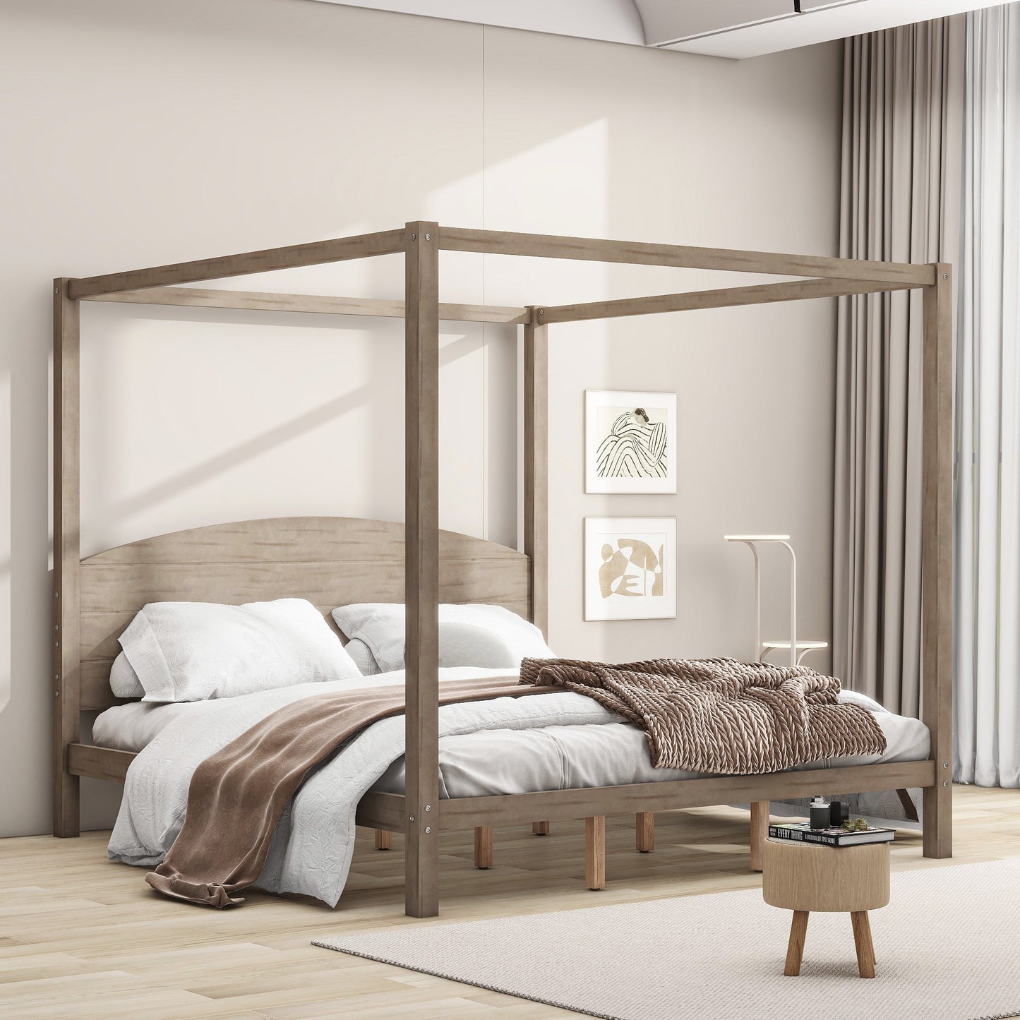 King Size Canopy Platform Bed with Headboard and Support Legs