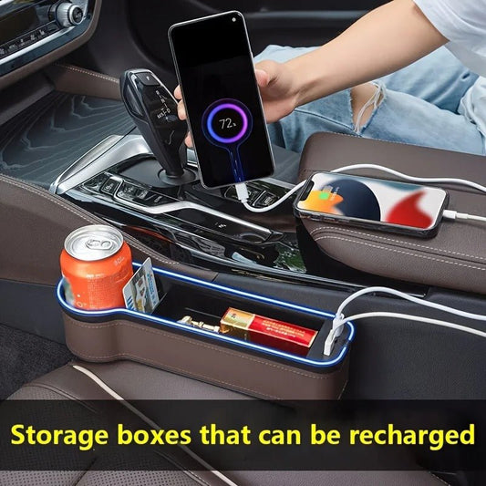 LED Car Seat Gap Filler With Charger - RGB Color Changing LED Car Seat Gap Filler Organizers Console Side Storage Box with Cup Holders and USB Chargers for Car Interior Accessories