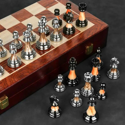 Metal Chess Set with Large 45CM Wooden Board