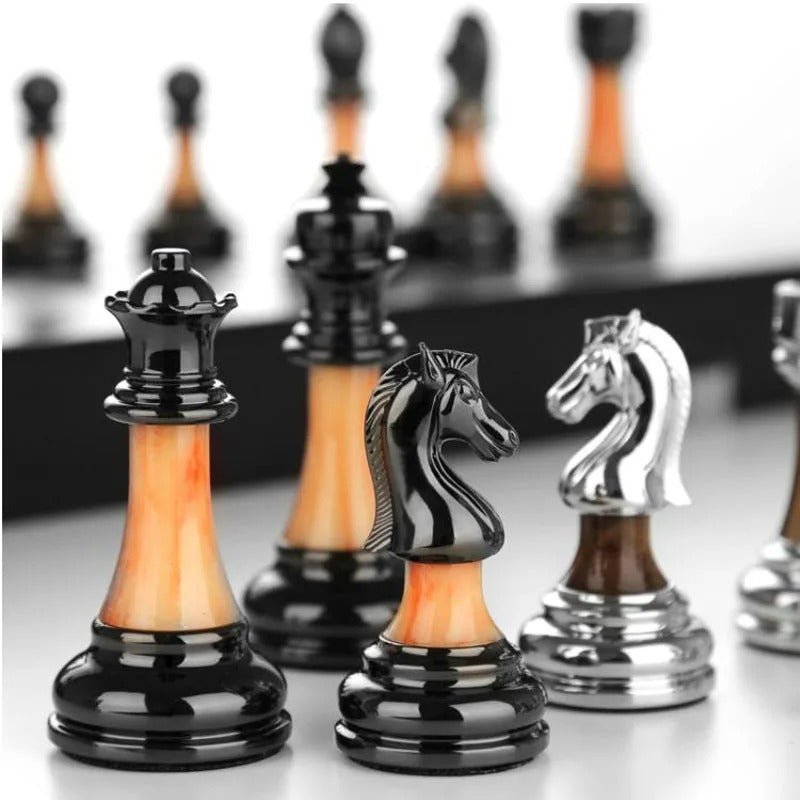 Metal Chess Set with Large 45CM Wooden Board