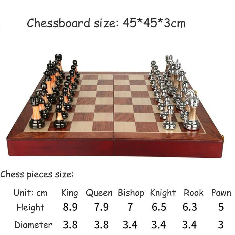Metal Chess Set with Large 45CM Wooden Board