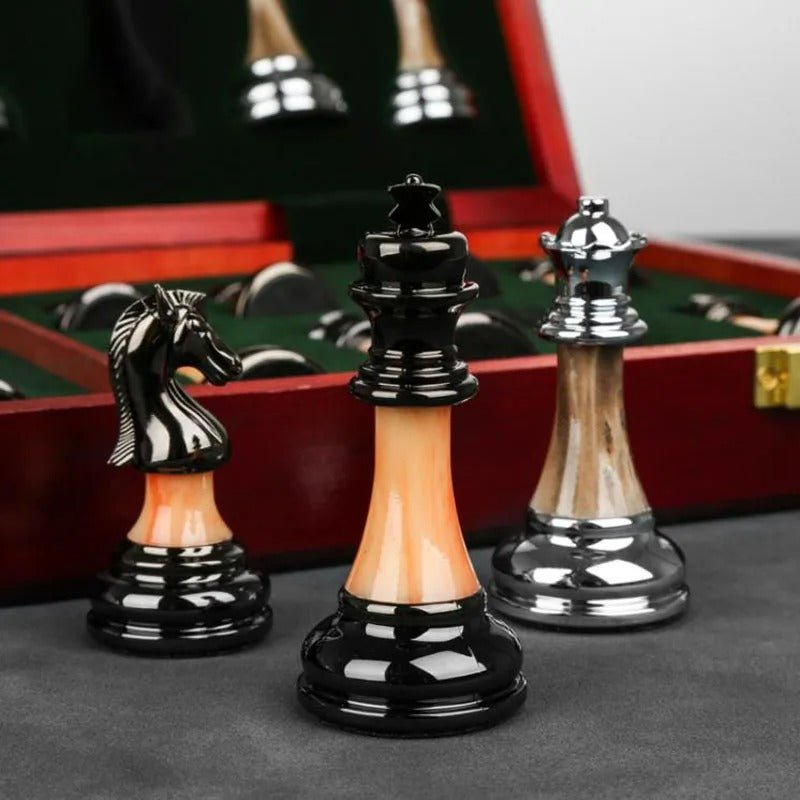 Metal Chess Set with Large 45CM Wooden Board