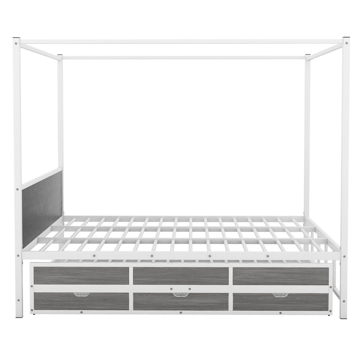 Metal Queen Size Canopy Platform Bed with Twin Size Trundle and 3 Storage Drawers