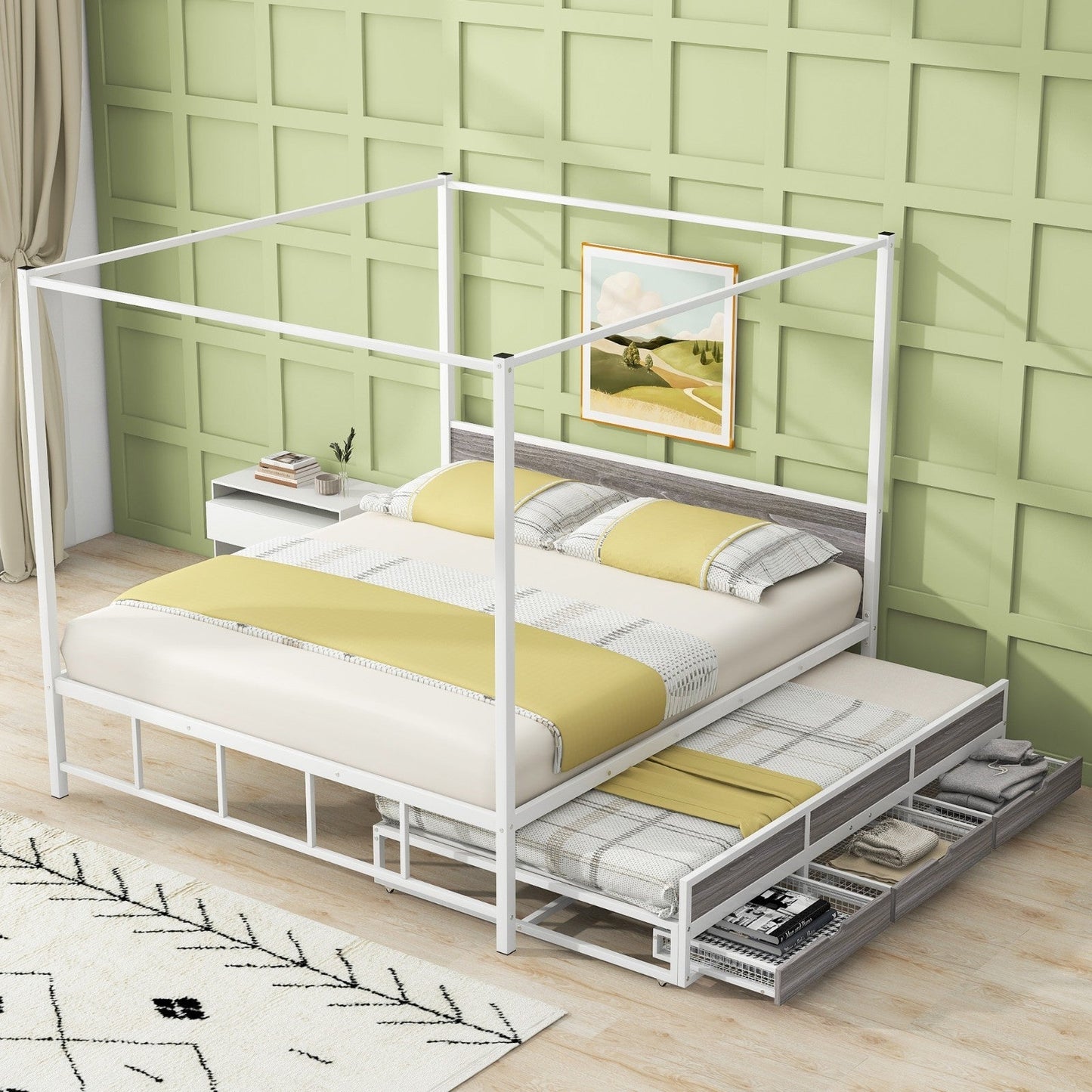 Metal Queen Size Canopy Platform Bed with Twin Size Trundle and 3 Storage Drawers