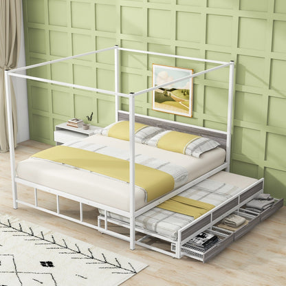 Metal Queen Size Canopy Platform Bed with Twin Size Trundle and 3 Storage Drawers