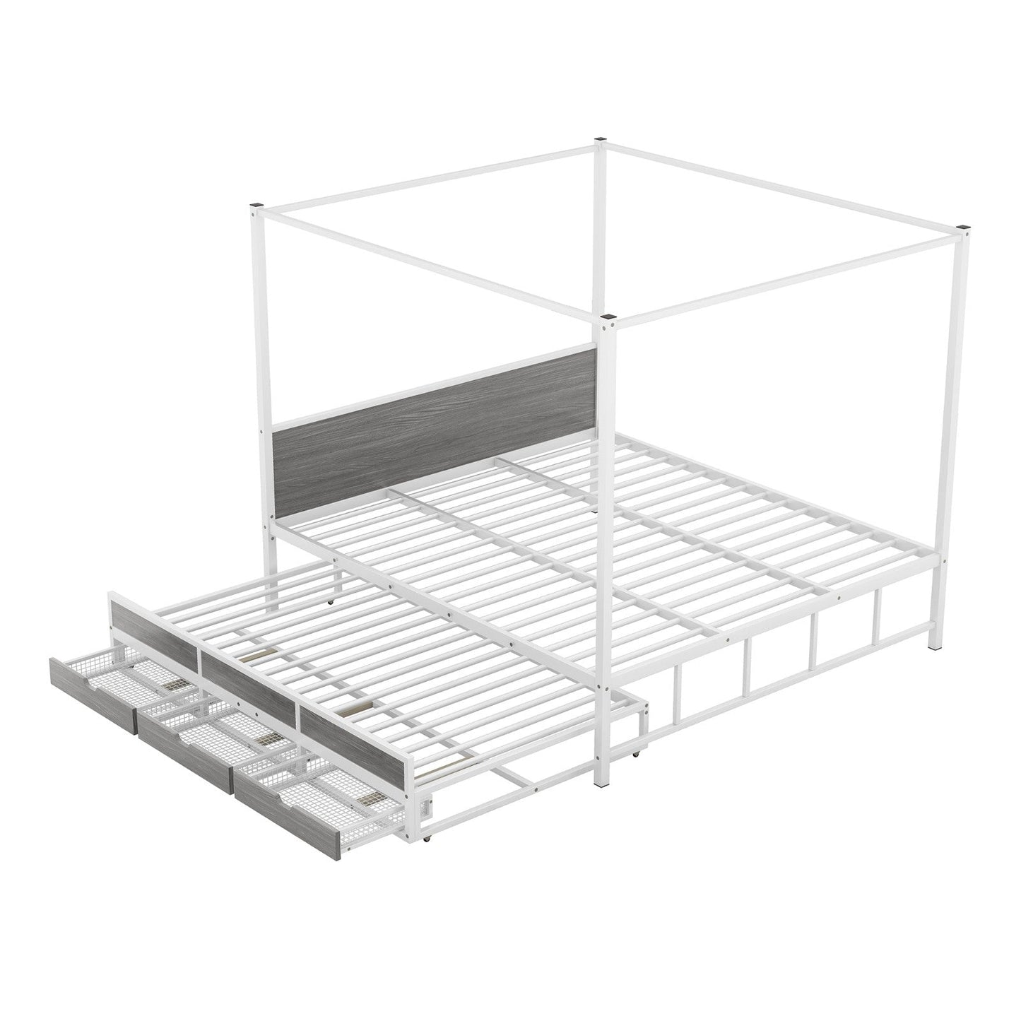 Metal Queen Size Canopy Platform Bed with Twin Size Trundle and 3 Storage Drawers