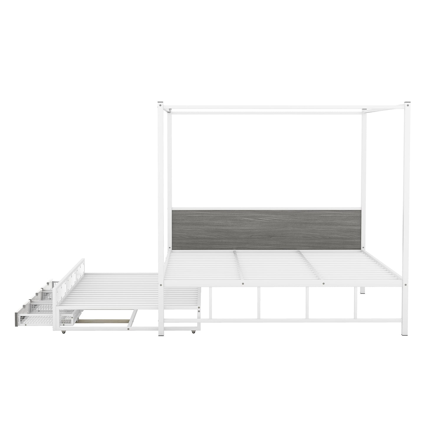 Metal Queen Size Canopy Platform Bed with Twin Size Trundle and 3 Storage Drawers