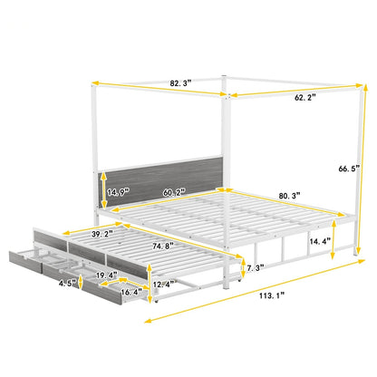 Metal Queen Size Canopy Platform Bed with Twin Size Trundle and 3 Storage Drawers