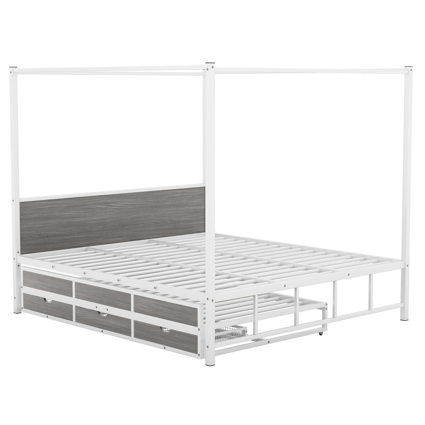 Metal Queen Size Canopy Platform Bed with Twin Size Trundle and 3 Storage Drawers