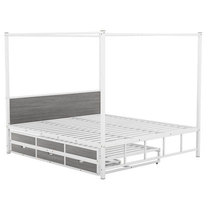 Metal Queen Size Canopy Platform Bed with Twin Size Trundle and 3 Storage Drawers