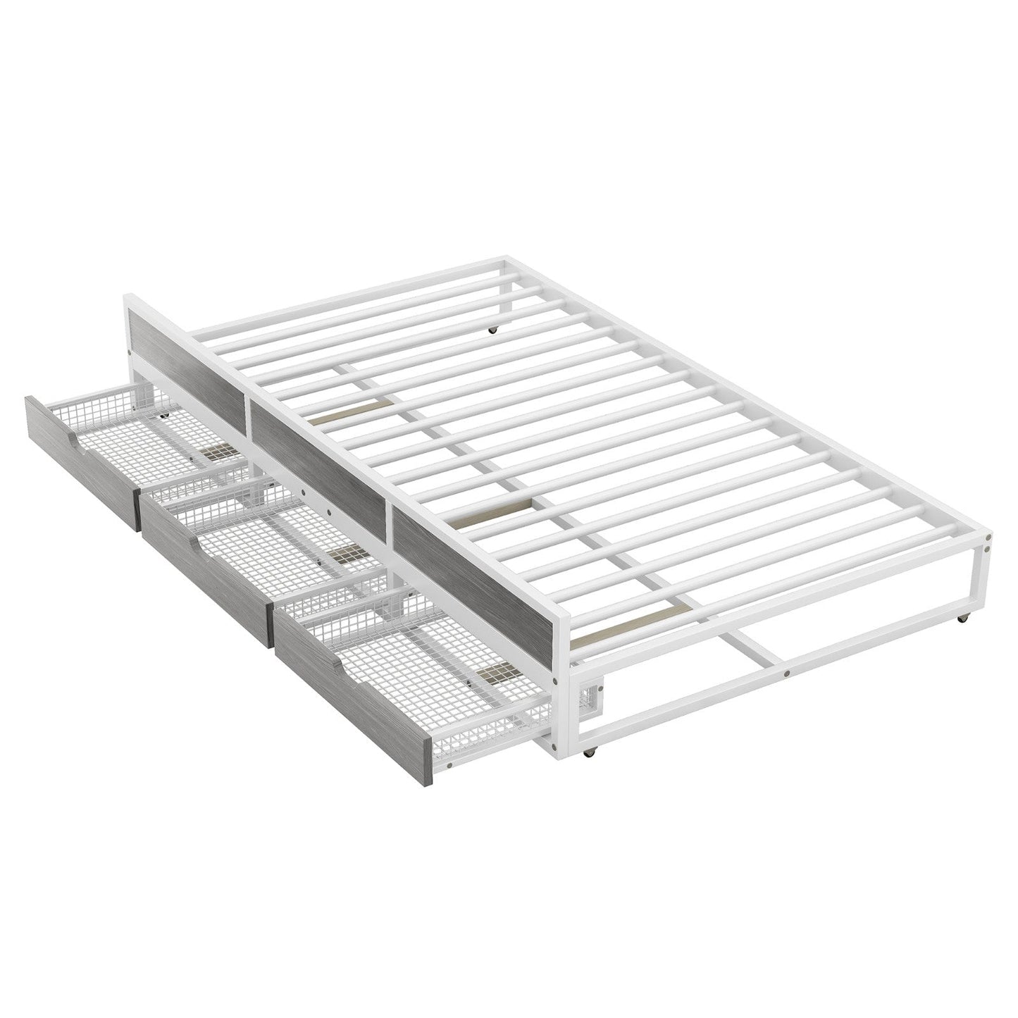 Metal Queen Size Canopy Platform Bed with Twin Size Trundle and 3 Storage Drawers