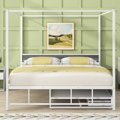 Metal Queen Size Canopy Platform Bed with Twin Size Trundle and 3 Storage Drawers