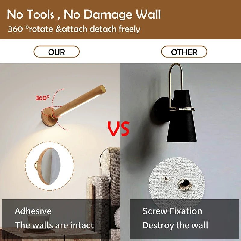 Portable 360° Rotating Rechargeable Wall Light - Magnetic Adjust USB Charging Wood Wall Mounted Lamp