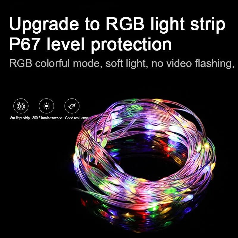 Portable LED Light String for Camping - 8m Outdoor Atmosphere Tent Lights with 1800mAh Rechargeable Battery