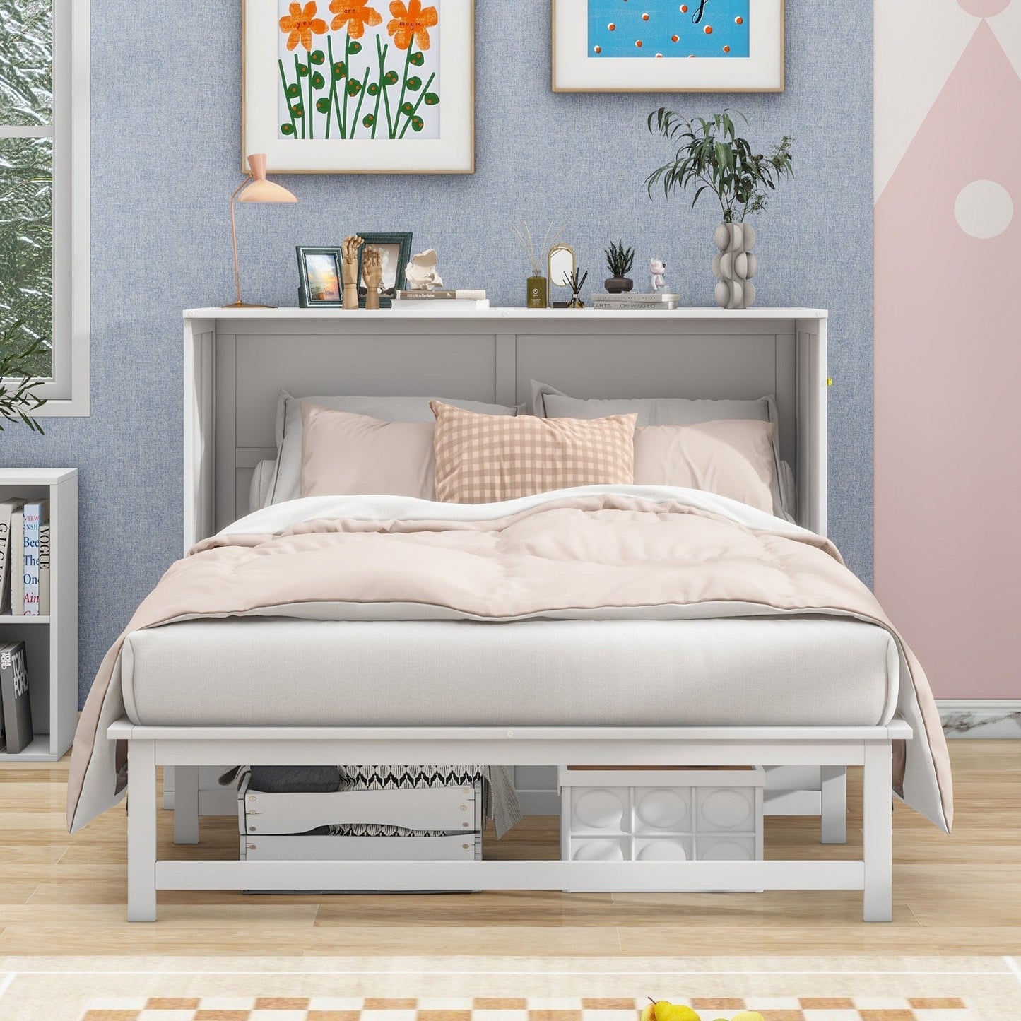 Queen Size Murphy Bed with Built-In Charging Station and Shelf