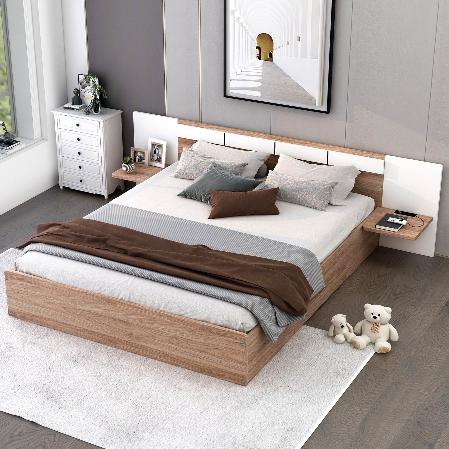 Queen Size Platform Bed with Headboard, Drawers, Shelves, USB Ports, and Sockets