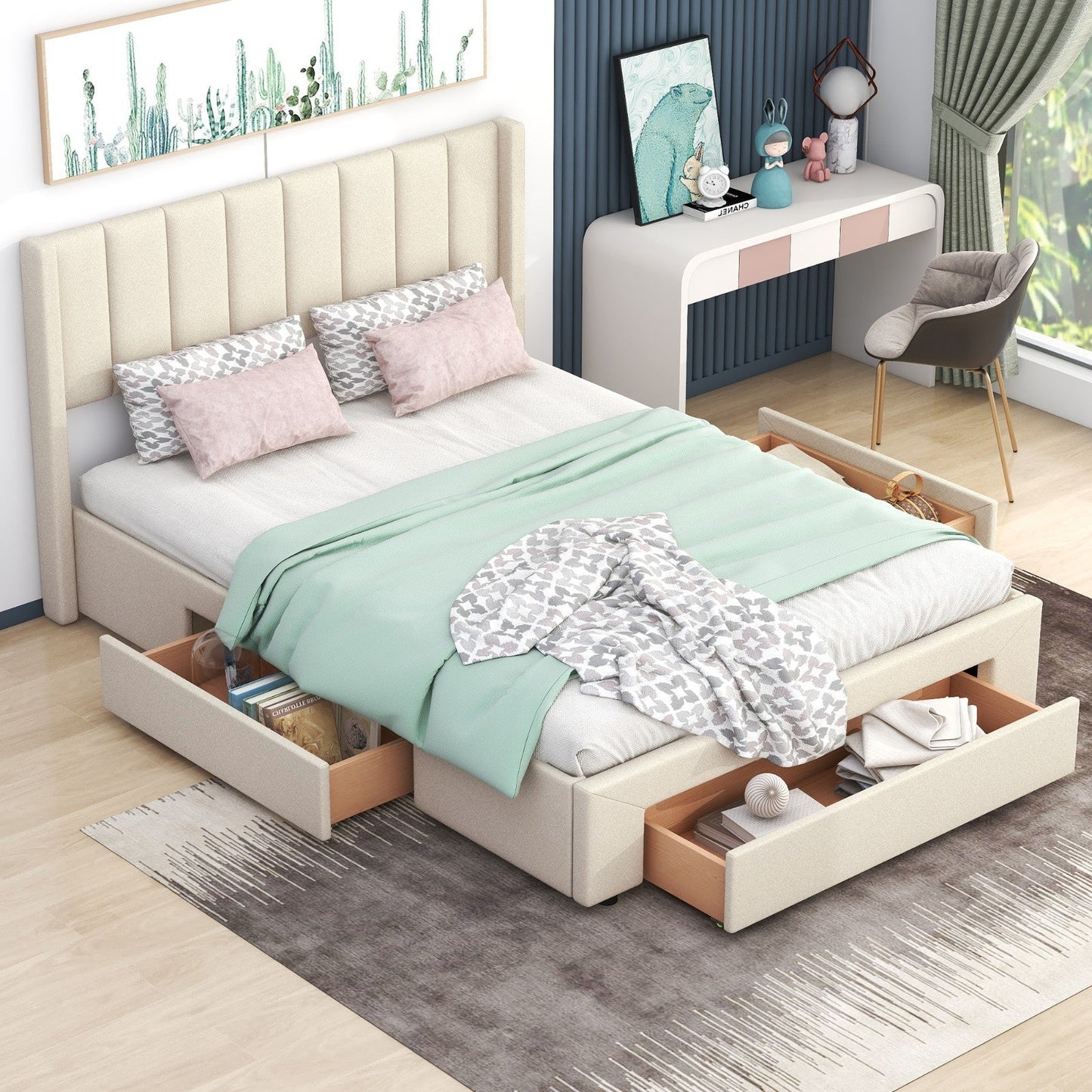 Queen Size Upholstered Platform Bed with One Large Drawer in the Footboard and Drawer on Each Side