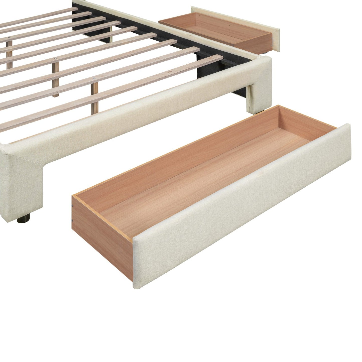 Queen Size Upholstered Platform Bed with One Large Drawer in the Footboard and Drawer on Each Side