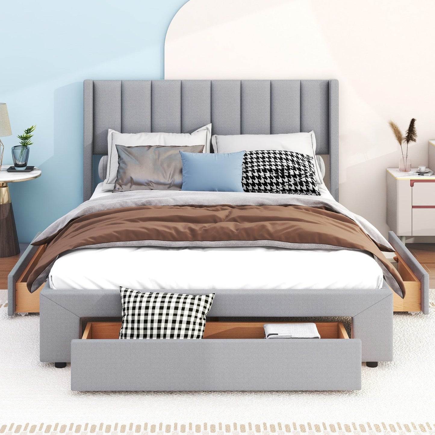 Queen Size Upholstered Platform Bed with One Large Drawer in the Footboard and Drawer on Each Side