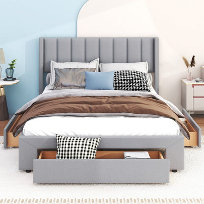 Queen Size Upholstered Platform Bed with One Large Drawer in the Footboard and Drawer on Each Side