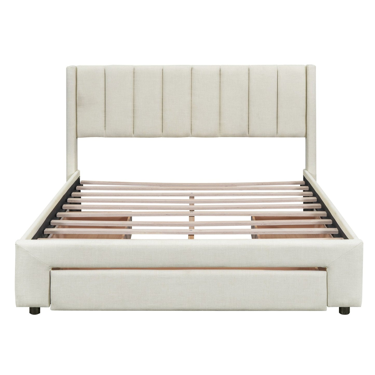 Queen Size Upholstered Platform Bed with One Large Drawer in the Footboard and Drawer on Each Side