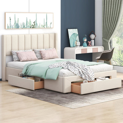 Queen Size Upholstered Platform Bed with One Large Drawer in the Footboard and Drawer on Each Side