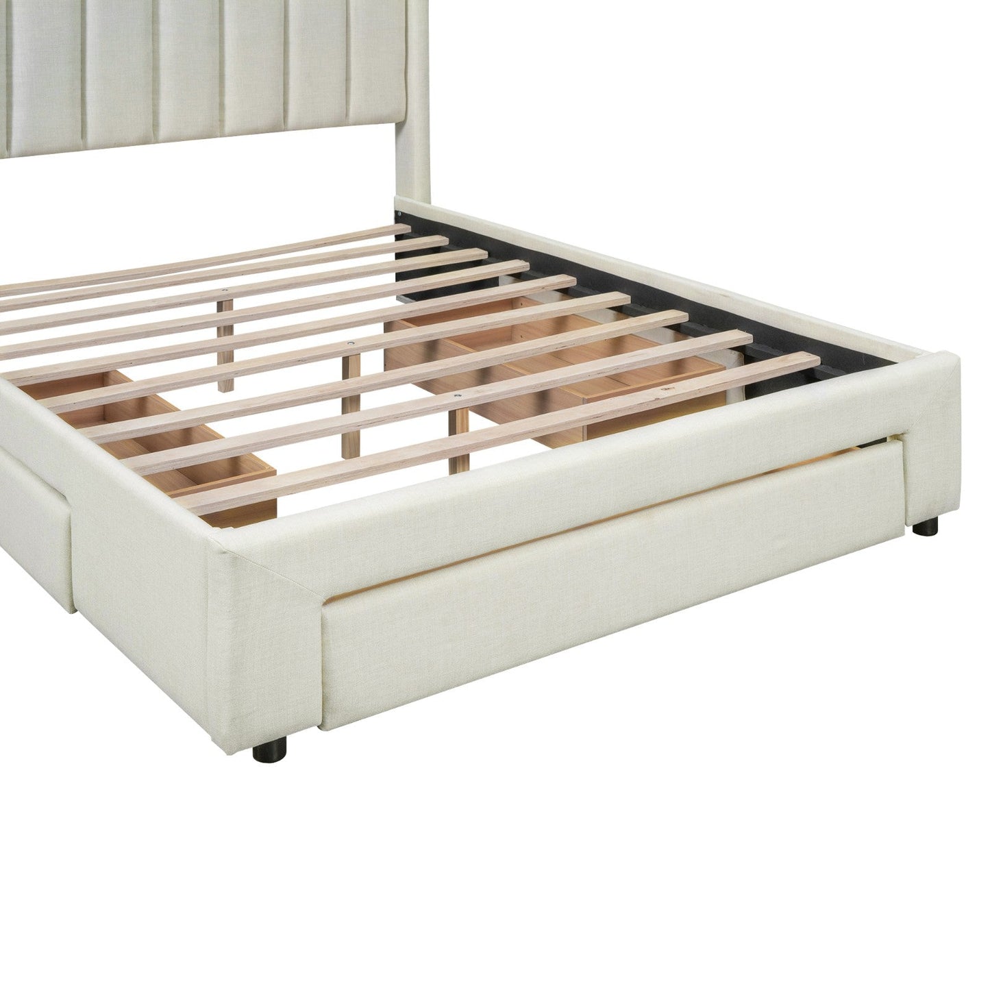 Queen Size Upholstered Platform Bed with One Large Drawer in the Footboard and Drawer on Each Side