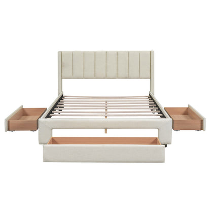 Queen Size Upholstered Platform Bed with One Large Drawer in the Footboard and Drawer on Each Side