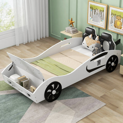 Race Car-Shaped Twin Size Platform Bed with Upholstered Backrest and Storage