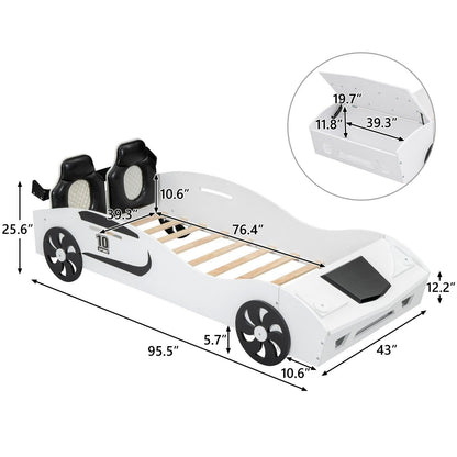 Race Car-Shaped Twin Size Platform Bed with Upholstered Backrest and Storage