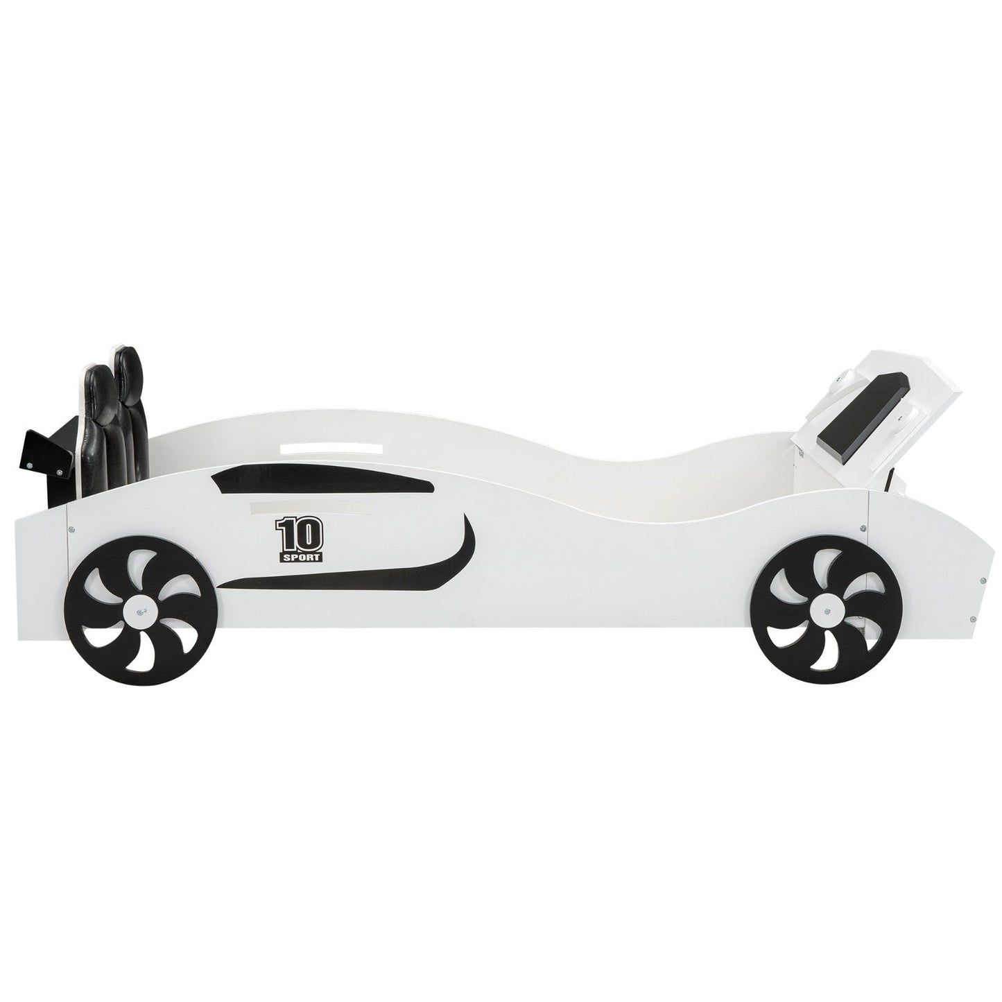 Race Car-Shaped Twin Size Platform Bed with Upholstered Backrest and Storage