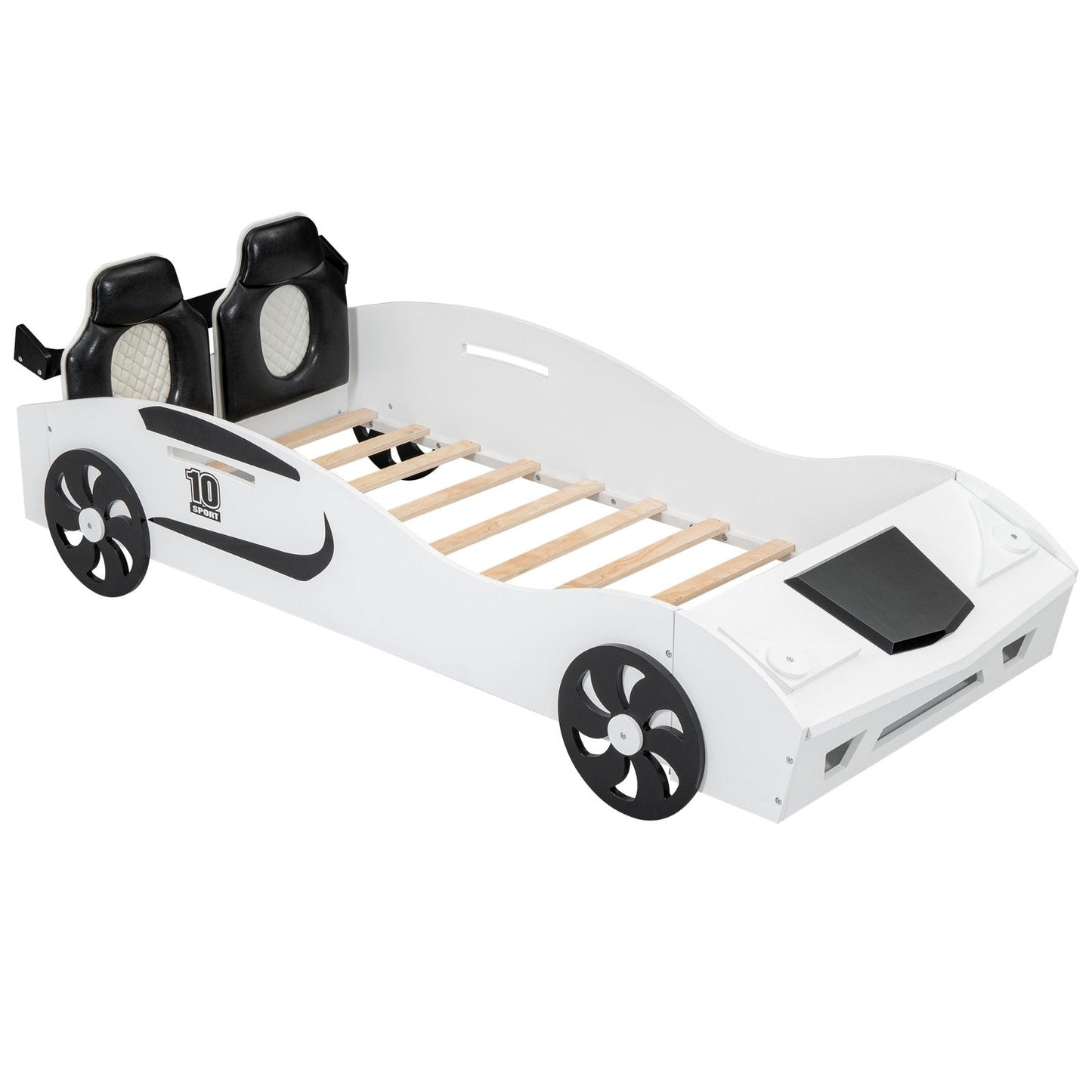 Race Car-Shaped Twin Size Platform Bed with Upholstered Backrest and Storage