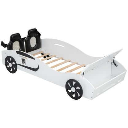 Race Car-Shaped Twin Size Platform Bed with Upholstered Backrest and Storage