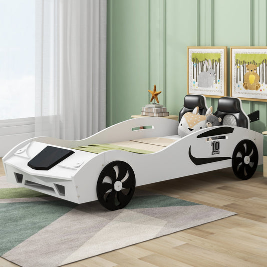 Race Car-Shaped Twin Size Platform Bed with Upholstered Backrest and Storage