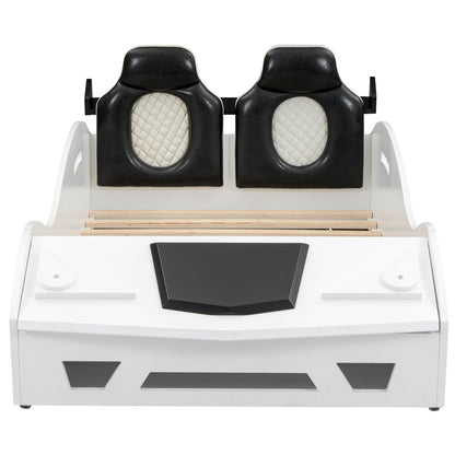 Race Car-Shaped Twin Size Platform Bed with Upholstered Backrest and Storage